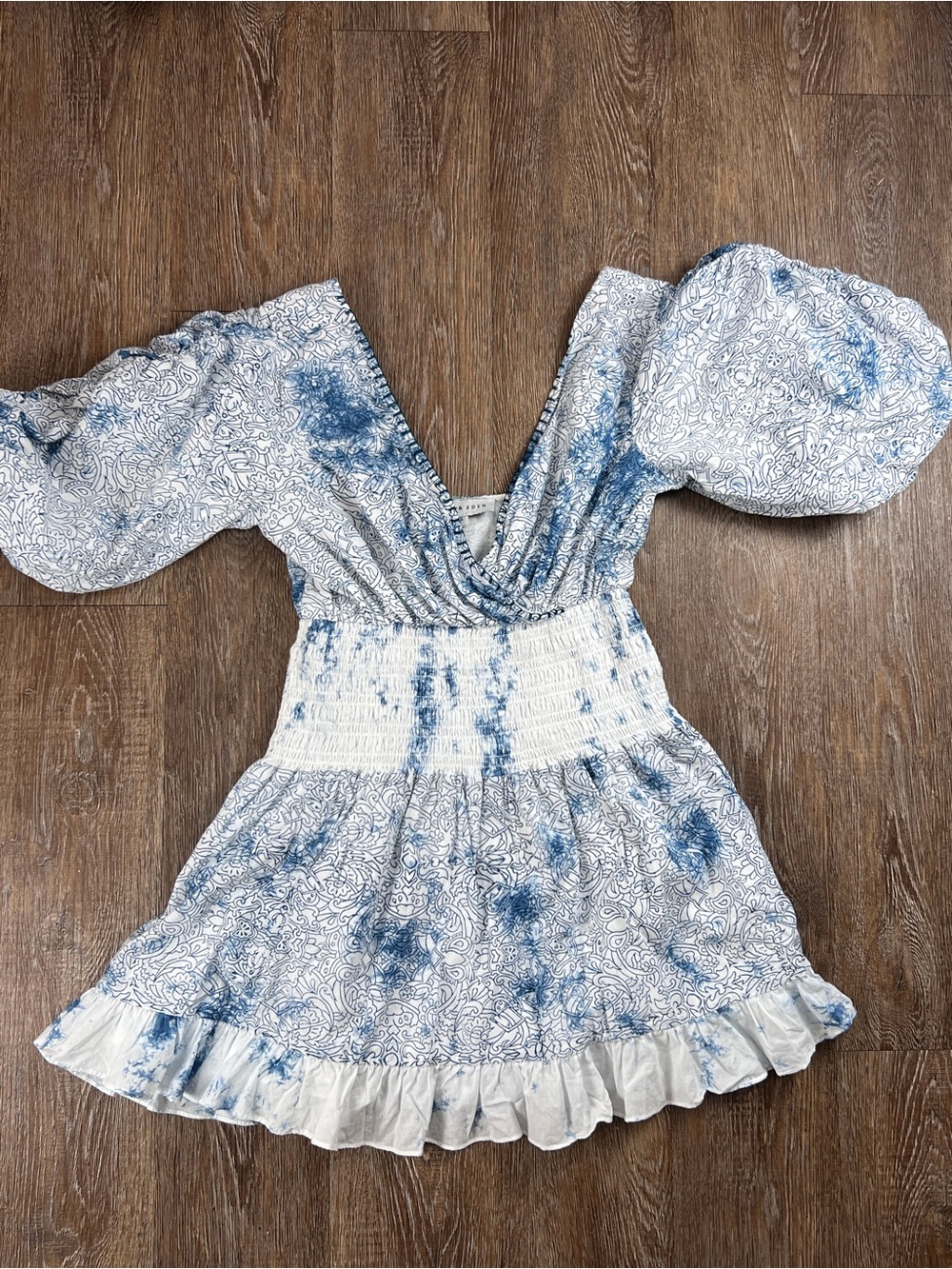 Ash & Eden Boho Mini Dress Printed Blue Smocked Waist Romantic Puff Sleeve | S